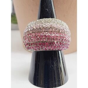 Pink Ombre Crystal Pavé Dome Stretch Ring Silver Tone Statement Cocktail Band